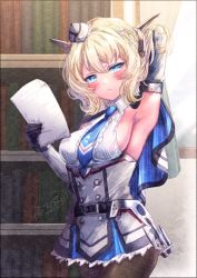 Rule 34 | 1girl, arm behind head, black gloves, black pantyhose, blonde hair, blue eyes, blue necktie, blush, bookshelf, braid, breasts, capelet, colorado (kancolle), commentary request, cowboy shot, curtains, dress, elbow gloves, garrison cap, gloves, grey dress, grey hat, hat, headgear, highres, ittokyu, kantai collection, large breasts, looking at viewer, necktie, pantyhose, paper, pleated dress, shirt, short hair, side braids, sideboob, sleeveless, solo, white shirt, window