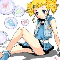 Rule 34 | 00s, 1girl, bare legs, belt, belt buckle, blue dress, bubble, buckle, dress, drill hair, emblem, full body, goutokuji miyako, hair ornament, hairclip, looking at viewer, lowres, oekaki, open clothes, open vest, powerpuff girls, powerpuff girls z, rolling bubbles, short hair, simple background, solo, swept bangs, twin drills, twintails, vest, white background