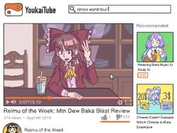 Rule 34 | ascot, biwa lute, bow, brand name imitation, cheese, commentary, cosplay, english commentary, english text, fake video, food, frilled bow, frills, hair bow, hair tubes, hakurei reimu, hand up, highres, instrument, jacket, kraft, logo parody, long sleeves, looking at viewer, lute (instrument), mountain dew, music, nazrin, open mouth, parody, playing instrument, red bow, red jacket, reviewbrah, reviewbrah (cosplay), shirt, sink&#039;s adventure, smile, swiss cheese, touhou, tsukumo benben, yellow ascot, youtube