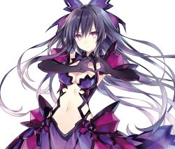 Rule 34 | 10s, 1girl, armor, armored dress, bare shoulders, black gloves, black hair, bow, breasts, cleavage, date a live, dress, elbow gloves, expressionless, garter straps, gloves, hair bow, heart, heart hands, highres, long hair, looking at viewer, medium breasts, midriff, navel, non-web source, purple eyes, scan, see-through, sidelocks, simple background, solo, tsunako, very long hair, white background, yatogami tooka, yatogami tooka (true form)
