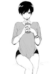 Rule 34 | 1girl, bag, bangle, blouse, blush, bracelet, breasts, commentary, cowboy shot, cup, disposable cup, drinking, drinking straw, drinking straw in mouth, earrings, english commentary, greyscale, happy, highres, jewelry, light smile, looking at viewer, medium breasts, monochrome, norman maggot, olive laurentia, original, pixie cut, shirt, short hair, short shorts, shorts, simple background, sitting, solo, stud earrings, white background