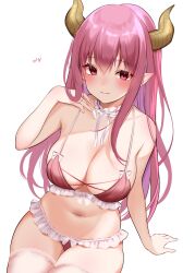 Rule 34 | 1girl, absurdres, arm support, artist name, blush, bra, breasts, choker, cleavage, closed mouth, commission, delphita (vtuber), dragon girl, dragon horns, frilled bra, frilled choker, frilled panties, frills, hand up, highres, horns, indie virtual youtuber, large breasts, long hair, looking at viewer, navel, nigi (ngmnoym), panties, pink bra, pink eyes, pink hair, pink panties, pointy ears, sidelocks, simple background, sitting, skeb commission, smile, solo, stomach, thighhighs, underwear, underwear only, virtual youtuber, white background, white choker