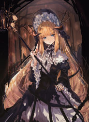 Rule 34 | 1girl, arknights, ascot, bare tree, black dress, black horns, black nails, black necktie, blonde hair, blue eyes, blunt bangs, bonnet, capelet, chain, commentary, conallixxc, cowboy shot, crinoline, dated, dress, frilled ascot, frilled hat, frilled sleeves, frills, hat, highres, holding, holding staff, horns, lantern, long hair, long sleeves, looking at viewer, nail polish, necktie, nightingale (an elegy) (arknights), nightingale (arknights), official alternate costume, open mouth, pointy ears, sidelocks, signature, solo, staff, torn clothes, torn dress, tree, very long hair, white ascot, white capelet, wide sleeves