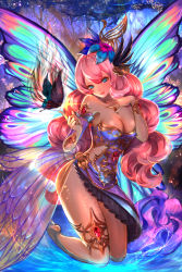 Rule 34 | 10s, 1girl, bad id, bad pixiv id, bare shoulders, barefoot, blue eyes, breasts, bug, butterfly, butterfly wings, chain chronicle, cleavage, dress, hair ornament, insect, insect wings, jewelry, long hair, medium breasts, multicolored wings, original, pink hair, rua (k-tie), solo, very long hair, water, wings