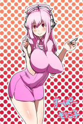 Rule 34 | 1girl, blush, breasts, female focus, hat, headphones, highres, huge breasts, impossible clothes, injection, large breasts, leaning forward, legs, long hair, looking at viewer, nitroplus, nurse, nurse cap, pink hair, red eyes, smile, solo, standing, stethoscope, super sonico, syringe, yac (mokkori)