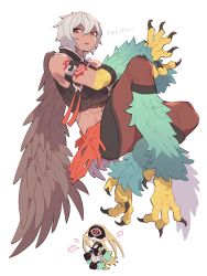 Rule 34 | 2girls, abs, absurdres, animal feet, arm strap, arm tattoo, bare shoulders, bird legs, blonde hair, brown feathers, brown wings, character request, claws, commentary, copyright request, feathered wings, feathers, green feathers, grey hair, harpy, highres, inu fuji, midriff, monster girl, multiple girls, muscular, muscular female, pointy ears, red eyes, shadow, short hair, simple background, talons, tan, tattoo, white background, wings