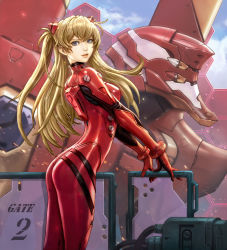 Rule 34 | 1girl, artist request, ass, blue eyes, blue sky, bodysuit, breasts, brown hair, cowboy shot, eva 02, eyepatch, hair ornament, highres, lips, long hair, looking to the side, mecha, medium breasts, neon genesis evangelion, plugsuit, red bodysuit, robot, simple background, skin tight, sky, smile, solo, souryuu asuka langley, twintails, two side up, very long hair