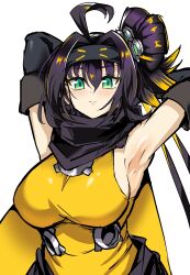 Rule 34 | 1girl, ahoge, armpits, arms up, black gloves, black hair, black scarf, breasts, cape, duel monster, elbow gloves, gloves, green eyes, hair intakes, highres, large breasts, leotard, looking at viewer, medium hair, ponytail, s-force rappa chiyomaru, s:p little knight, scarf, sideboob, synchroman, torso, white background, yellow leotard, yu-gi-oh!