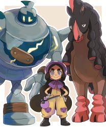 Rule 34 | 1girl, black hair, bonnet, boots, closed mouth, commentary request, creatures (company), dark skin, game freak, gen 5 pokemon, gen 7 pokemon, gloves, golurk, hapu (pokemon), island kahuna, jumpsuit, long hair, mudsdale, nintendo, pokemon, pokemon (creature), pokemon sm, popcorn 91, pouch, purple eyes, short sleeves, simple background, smile, standing, twintails