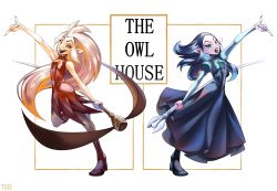 Rule 34 | 2girls, absurdres, big hair, black dress, black hair, blue eyes, chest jewel, dress, edalyn clawthorne, grey hair, highres, lilith clawthorne, looking at viewer, magic staff, multiple girls, owlbert (the owl house), pale skin, palisman, pointy ears, siblings, sisters, sleeveless, smile, staff, the owl house, tige (tigedee), wings, witch (the owl house), yellow eyes