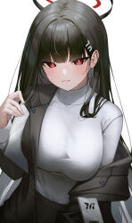 Rule 34 | 1girl, absurdres, black hair, black jacket, black skirt, blue archive, blush, breasts, bright pupils, halo, highres, holding, holding tablet pc, id card, jacket, jacket partially removed, large breasts, light smile, looking at viewer, red eyes, rio (blue archive), simple background, skirt, solo, sweater, tablet pc, white background, white sweater, yeoni mon