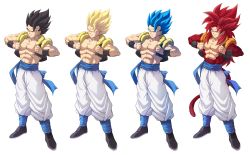 Rule 34 | 1boy, black eyes, black hair, blonde hair, blue eyes, blue hair, boots, commentary, dragon ball, dragon ball gt, dragon ball super, dragon ball super broly, full body, fur, fusion, gogeta, green eyes, highres, long hair, looking at viewer, male focus, metamoran vest, multiple forms, multiple views, muscular, pants, red hair, sash, short hair, simple background, smile, solo, spiked hair, super saiyan, super saiyan 1, super saiyan 4, super saiyan blue, tail, taro (ultrataro), white background, wristband