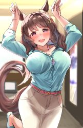Rule 34 | 1girl, animal ears, arms up, blush, breasts, brown hair, casual, cleavage, commentary request, dancing, door, highres, horse ears, horse girl, horse tail, large breasts, light hello (umamusume), looking at viewer, medium hair, open mouth, purple eyes, sg (esujii), solo, tail, umamusume, umapyoi densetsu, when you see it