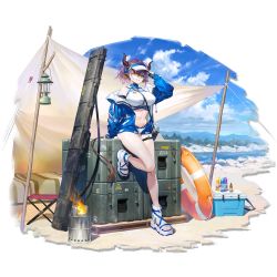 Rule 34 | 1girl, arknights, arm up, bare legs, bare shoulders, bikini, blue jacket, blue sky, breasts, cloud, cooler, day, fire, full body, grin, highres, horns, innertube, jacket, lantern, large breasts, long sleeves, looking at viewer, navel, off shoulder, official alternate costume, official art, open clothes, open jacket, outdoors, purple hair, sandals, sho (sho lwlw), short hair, sideroca (arknights), sideroca (light breeze) (arknights), sky, smile, solo, standing, standing on one leg, stomach, swim ring, swimsuit, thigh strap, thighs, transparent background, visor cap, white bikini, white footwear, yellow eyes