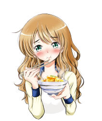 Rule 34 | 1girl, absurdres, aqua eyes, blush, bowl, brown hair, chopsticks, fd375575, food, highres, holding, holding bowl, jacket, katsudon (food), long hair, long sleeves, looking at viewer, original, outline, simple background, solo, sparkle, steam, tears, upper body, white background, white outline, yellow jacket