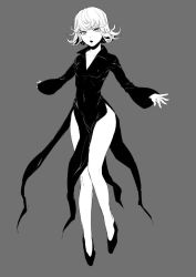 Rule 34 | 1girl, black dress, breasts, cleavage, commentary request, dress, echigoya takeru, greyscale, looking at viewer, medium hair, monochrome, one-punch man, open mouth, simple background, solo, tatsumaki