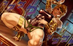 Rule 34 | 1girl, belt, black leotard, black nails, blonde hair, bracelet, breasts, commentary, dio brando, dutch angle, english commentary, genderswap, genderswap (mtf), green belt, headband, heart, high heels, indoors, jewelry, jojo no kimyou na bouken, large breasts, leotard, lips, looking at viewer, nail polish, night, realistic, red eyes, skin tight, solo, squatting, taut leotard, themaestronoob, thick thighs, thigh strap, thighs, toeless footwear, toenail polish, toenails