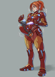 Rule 34 | 1girl, armor, breasts, erection, full body, futanari, gradient background, iron man, marvel, mikoyan, penis, penis armor, pepper potts, ponytail, red hair, rescue (iron man), solo, testicles