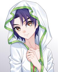 Rule 34 | 1boy, adjusting clothes, blue hair, closed mouth, coat, gradient background, grey background, hand up, head tilt, highres, hood, hooded coat, kumu zaisheng, liu xing (tou xing jiuyue tian), long sleeves, looking to the side, parted bangs, short hair, smile, solo, tou xing jiuyue tian, upper body, white background, white coat, yellow eyes