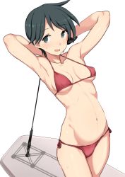 Rule 34 | 1girl, armpits, arms behind head, arms up, bikini, black eyes, black hair, breasts, commentary request, cowboy shot, highres, kantai collection, kumadano, legs together, looking at viewer, mogami (kancolle), navel, no pupils, open mouth, pregnant, red bikini, short hair, simple background, small breasts, smile, solo, standing, sweat, sweatdrop, swimsuit, white background