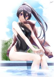 Rule 34 | 1girl, absurdres, black hair, black one-piece swimsuit, chain-link fence, commentary request, competition swimsuit, feet out of frame, fence, highres, jacket, jacket on shoulders, long hair, looking at viewer, one-piece swimsuit, original, ponytail, purple eyes, red jacket, sleeveless, sleeveless turtleneck, soaking feet, solo, swimsuit, takagi mitsukuni, thighs, track jacket, turtleneck