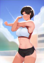 Rule 34 | 1girl, absurdres, black hair, black shorts, blue sky, blurry, blurry background, breasts, brown eyes, closed mouth, cloud, commentary request, day, depth of field, highres, large breasts, looking at viewer, midriff, moebell, navel, original, outdoors, short hair, short shorts, shorts, sky, smile, solo, sports bra, standing, stretching, tan, tanline, tomboy