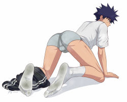 Rule 34 | air gear, all fours, blue hair, boxer briefs, bulge, feet, male focus, male underwear, minami itsuki, momota (kinrara), panties, pants, shirt, simple background, socks, spiked hair, stained clothes, stained panties, steam, sweat, t-shirt, track pants, underwear, undressing, white background