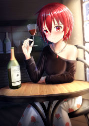 Rule 34 | 1girl, alcohol, bare shoulders, black shirt, blush, bottle, closed mouth, collarbone, commentary, commission, cup, drinking glass, english commentary, floral print, glint, hair between eyes, highres, holding, holding cup, indoors, jewelry, nose blush, off shoulder, on chair, original, pendant, print skirt, prophosphere, red eyes, red hair, rose print, shirt, sitting, skirt, smile, solo, table, unmoving pattern, white skirt, window, wine glass