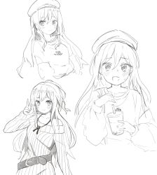 Rule 34 | absurdres, bang dream!, bare shoulders, belt, blush, bubble tea, collarbone, drinking straw, hat, highres, imai lisa, long hair, long sleeves, pocari (sq551), salute, sketch, sweater, two-finger salute