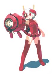 Rule 34 | 1girl, arm cannon, bare arms, bare shoulders, boots, breasts, cable, commentary request, full body, hair between eyes, headgear, legs apart, leotard, mecha musume, medium breasts, no nose, no pupils, original, outstretched arm, red eyes, red leotard, red thighhighs, robot ears, sakamoto ahiru, shadow, short hair, simple background, solo, standing, thigh boots, thighhighs, weapon, white background, white hair