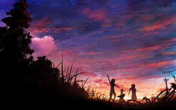 Rule 34 | 108, 1boy, 2girls, arm up, bicycle, bird, cloud, flying, grass, highres, landscape, multiple girls, original, power lines, scenery, silhouette, sunset, tree