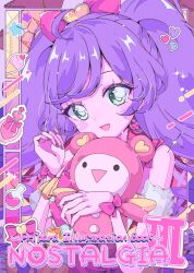 Rule 34 | 1girl, :d, absurdres, ahoge, bottle, bow, commentary request, flask, food, green eyes, hair bow, heart, highres, holding, holding stuffed toy, ice cream, kuma (pripara), long hair, looking at viewer, manaka laala, milon cas, nail polish, open mouth, perfume bottle, pink bow, pretty series, pripara, pudding, purple hair, purple nails, retro artstyle, round-bottom flask, smile, solo, sparkle, star (symbol), stuffed animal, stuffed toy, teddy bear, twintails, upper body, yume kawaii