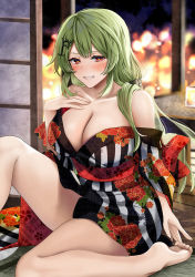 Rule 34 | 1girl, alternate costume, bare legs, bare shoulders, barefoot, blurry, blush, breasts, cleavage, collarbone, commission, drunk, girls&#039; frontline, green hair, hair ornament, hairclip, hand on own chest, heart, heart-shaped pupils, highres, japanese clothes, kimono, large breasts, legs, long hair, looking at viewer, mk48 (girls&#039; frontline), mouth hold, off shoulder, on floor, open mouth, parted lips, red eyes, skeb commission, smile, soles, solo, symbol-shaped pupils, teeth hold, yukata, yunamaro