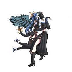 Rule 34 | absurdres, angel wings, bad id, black hair, blue hair, boots, dizzy (guilty gear), guilty gear, guilty gear xx, highres, holding, hug, imminent kiss, long hair, looking at another, midriff, moontears, red eyes, tail, testament (guilty gear), thighhighs, twintails, wings