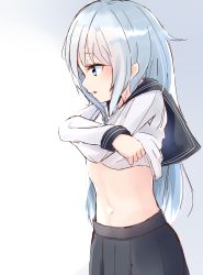 Rule 34 | 1girl, black skirt, blue eyes, clothes lift, from side, gradient background, grey background, hibiki (kancolle), highres, kantai collection, long hair, midriff, navel, open mouth, pleated skirt, school uniform, shirt, shirt lift, silver hair, sketch, skirt, solo, standing, stomach, tachibana (x quick), undressing, uniform, very long hair, white shirt