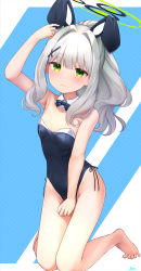 Rule 34 | 1girl, animal ears, arm up, bare arms, bare legs, bare shoulders, barefoot, basa rutan, black bow, black bowtie, black leotard, blue archive, blue background, bow, bowtie, closed mouth, collar, detached collar, green eyes, hair intakes, hair ornament, halo, hare (blue archive), highres, kneeling, knees together feet apart, leotard, long hair, looking at viewer, ponytail, rabbit ears, sidelocks, solo, strapless, strapless leotard, two-tone background, white background, white collar, wing collar