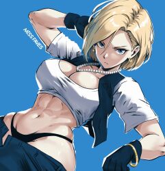 Rule 34 | 1girl, abs, android 18, artist name, black gloves, blonde hair, blue background, blue eyes, bracelet, breasts, cleavage, closed mouth, commentary, cropped shirt, denim, denim vest, dragon ball, dragonball z, dutch angle, earrings, english commentary, gloves, hair between eyes, hand in own hair, highleg, highleg panties, highres, jeans, jewelry, large breasts, looking at viewer, miss faves, navel, necklace, open pants, panties, pants, pearl necklace, short hair, short sleeves, solo, underwear