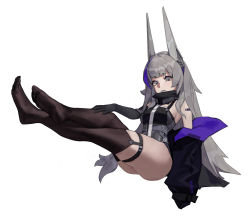 Rule 34 | 1girl, absurdres, ass, black gloves, black jacket, brown thighhighs, crossed legs, eggisalive, elbow gloves, fake horns, gloves, grey background, grey eyes, hand on own knee, highres, horns, jacket, long hair, mole, mole under eye, multicolored clothes, multicolored hair, multicolored jacket, no shoes, original, parted lips, purple hair, purple jacket, short eyebrows, shoulder tattoo, simple background, single elbow glove, single glove, skindentation, solo, streaked hair, tattoo, thigh strap, thighhighs, triangle, two-tone jacket, very long hair