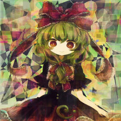 Rule 34 | 1girl, bad id, bad pixiv id, bow, dress, female focus, frills, front ponytail, green hair, hair bow, hair ribbon, kagiyama hina, kuriya0kuriya, red eyes, ribbon, smile, solo, touhou