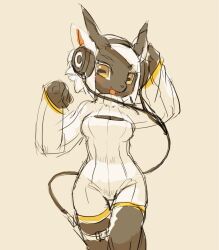 1girl 2015 absurdres animal_ears breasts cleavage colored_eyelashes dark_skin furry furry_female goat goat_ears goat_girl goat_horns grado_labs headphones highres horizontal_pupils horns krita_(medium) large_breasts non-web_source open_mouth original signature simple_background smile spirit_animals_in_disguise sweater sylvie_the_spirit_goat three_quarter_view tyson_tan white_eyelashes white_hair yellow_eyes