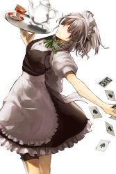 Rule 34 | 1girl, apron, arched back, black dress, braid, card, chirigami-san, cup, dress, female focus, izayoi sakuya, maid, maid apron, maid headdress, puffy sleeves, red eyes, shirt, short sleeves, silver hair, simple background, solo, teacup, teapot, touhou, tray, twin braids, waist apron, white background