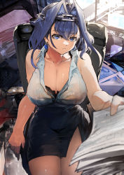 Rule 34 | 1girl, absurdres, bare shoulders, blue eyes, blue hair, bow, bra visible through clothes, breasts, chain, chair, cleavage, collarbone, collared shirt, desk, hair intakes, headband, highres, holding, holding paper, hololive, hololive english, large breasts, looking at viewer, ouro kronii, paper, pencil skirt, secretary, shirt, short hair, sitting, skirt, sleeveless, solo, sweat, thighs, virtual youtuber, vyragami