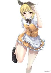 Rule 34 | 1girl, absurdres, alternate costume, apron, artist name, bad id, bad pixiv id, black bow, black bowtie, black footwear, black ribbon, blonde hair, blunt bangs, bob cut, bow, bowtie, collared dress, commentary, cutlass (girls und panzer), dress, frilled apron, frilled sleeves, frills, frown, girls und panzer, hair ribbon, highres, kakimoto nao, leg up, loafers, looking at viewer, orange dress, parted lips, ribbon, shoes, short dress, short hair, short sleeves, signature, simple background, solo, standing, standing on one leg, waist apron, waitress, white apron, white background, yellow eyes