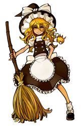 Rule 34 | 1girl, apron, bad id, bad pixiv id, bamboo broom, blonde hair, braid, broom, female focus, grin, hand on own hip, hat, kansou samehada, kirisame marisa, side braid, smile, solo, standing, touhou, waist apron, witch, witch hat, yellow eyes