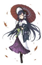 Rule 34 | 1girl, black gloves, black hair, blue eyes, bonnet, boots, brown footwear, cross-laced footwear, floral print, full body, gloves, hair ornament, highres, leaf, lolita fashion, long hair, looking at viewer, oboro (princess principal), official art, oil-paper umbrella, parasol, princess principal, princess principal game of mission, purple skirt, skirt, solo, standing, transparent background, umbrella, wa lolita