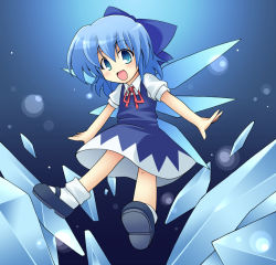 Rule 34 | 1girl, :d, blue eyes, blue hair, bow, cirno, ice, looking at viewer, mary janes, matching hair/eyes, open mouth, outstretched arms, pure (artist), pure (kawamoto nami), shoes, short hair, smile, solo, spread arms, embodiment of scarlet devil, touhou, wings
