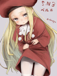 Rule 34 | 1girl, akino shuu, belfraw martini, beret, blush, capelet, clothes lift, commentary request, dress, dress lift, forehead, grey background, grey eyes, hat, lifted by self, long sleeves, looking at viewer, pantyhose, parted lips, red capelet, red dress, red hat, simple background, solo, summon night, summon night 3, sweat, thighband pantyhose, twitter username, white pantyhose, wide sleeves