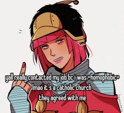 Rule 34 | 1girl, annoyed, artist name, bob cut, commentary, english text, hat, highres, hot pants (sbr), huyandere, jojo no kimyou na bouken, middle finger, pink eyes, pink hair, pink nails, signature, sleeves past wrists, solo, steel ball run