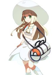 Rule 34 | 1girl, absurdres, bag, blonde hair, blunt bangs, boots, braid, collarbone, creatures (company), dress, duffel bag, floating hair, game freak, green eyes, hair over shoulder, hat, highres, holding, holding bag, knee boots, layered dress, lillie (pokemon), long hair, looking at viewer, nintendo, open mouth, pokemon, pokemon sm, see-through, short dress, simple background, sleeveless, sleeveless dress, solo, standing, sun hat, twin braids, very long hair, white background, white bag, white dress, white footwear, white hat, yuihico