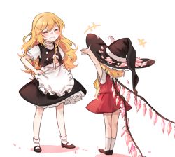 Rule 34 | +++, 2girls, :d, ^ ^, alternate headwear, apron, arms up, black footwear, black hat, black skirt, blonde hair, blush, borrowed clothes, bow, braid, cheering, closed eyes, feet together, flandre scarlet, grin, hair bow, hand on own hip, happy, hat, headwear switch, highres, kirisame marisa, kneepits, legs apart, legs together, long hair, mary janes, multiple girls, no headwear, open mouth, petals, red skirt, shoes, short sleeves, side braid, simple background, single braid, skirt, skirt set, smile, socks, teeth, tis (shan0x0shan), touhou, unworn hat, unworn headwear, very long hair, vest, waist apron, wavy hair, white background, white bow, white legwear, wings, witch hat